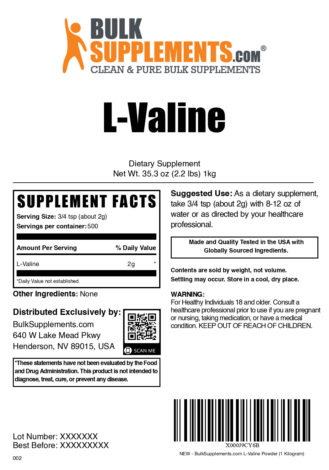 L-Valine powder label 1kg