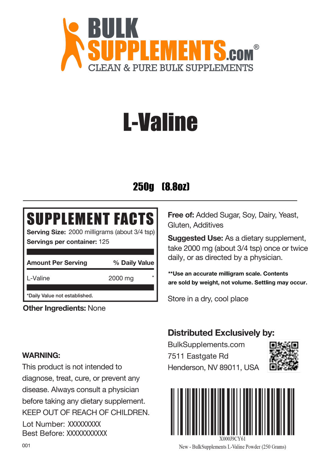 L-Valine powder label 250g
