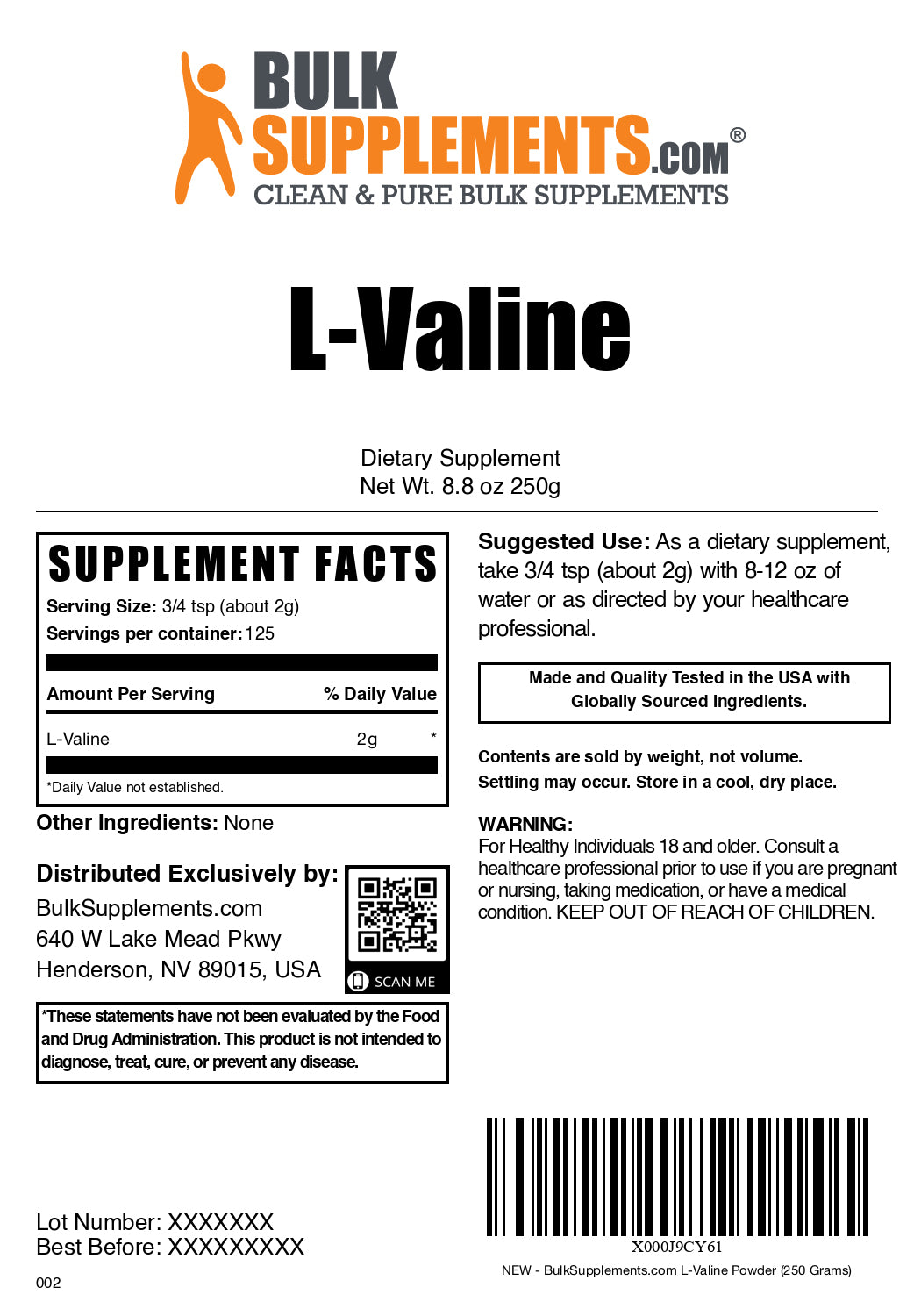 L-Valine powder label 250g