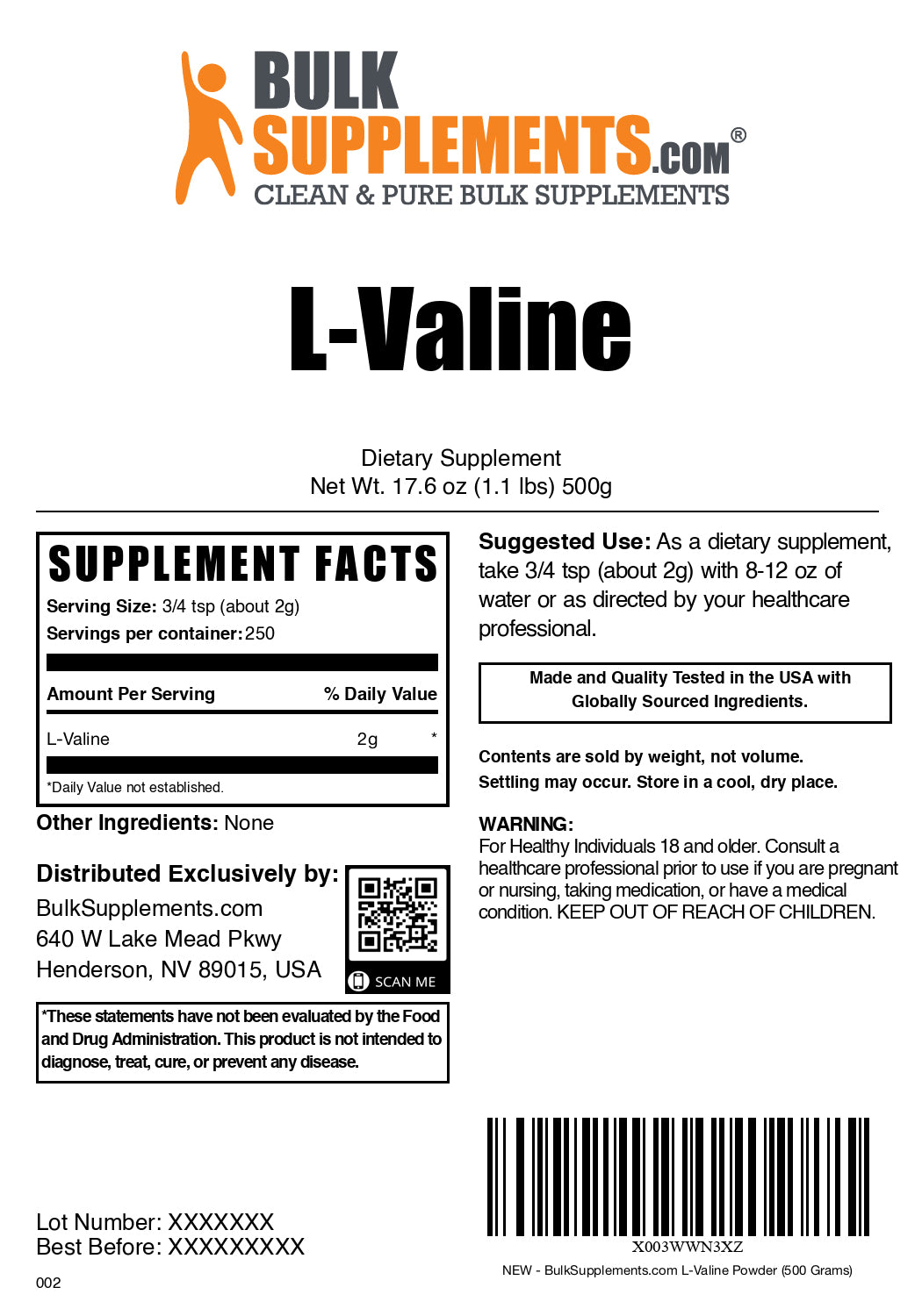 L-Valine powder label 500g