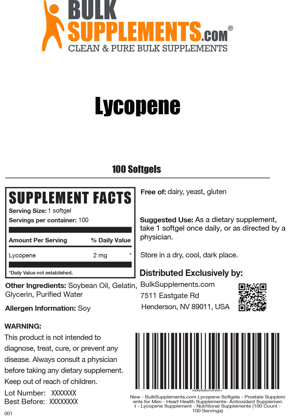 Supplement Facts Lycopene Softgels 100 ct