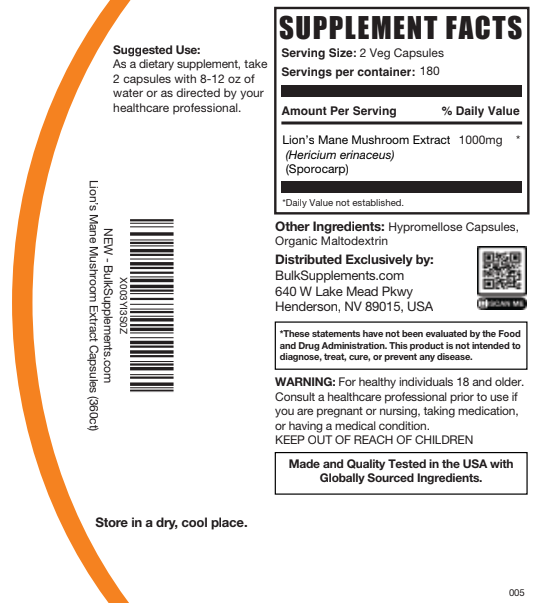 Lion's Mane Mushroom Extract Capsules 360ct Plain Label