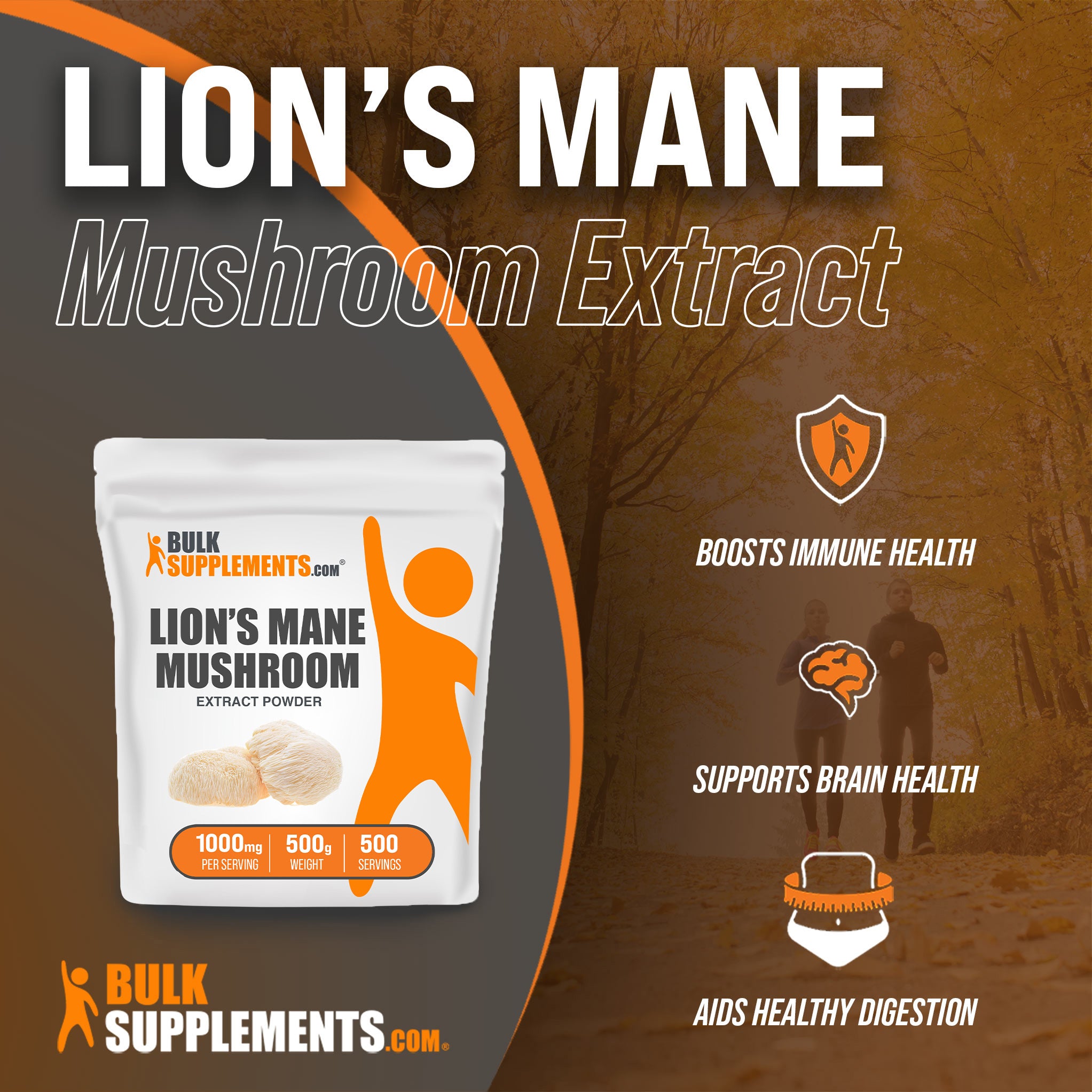 Benefits of Lion's Mane Mushroom Extract: boosts immune health, supports brain health, aids healthy digestion