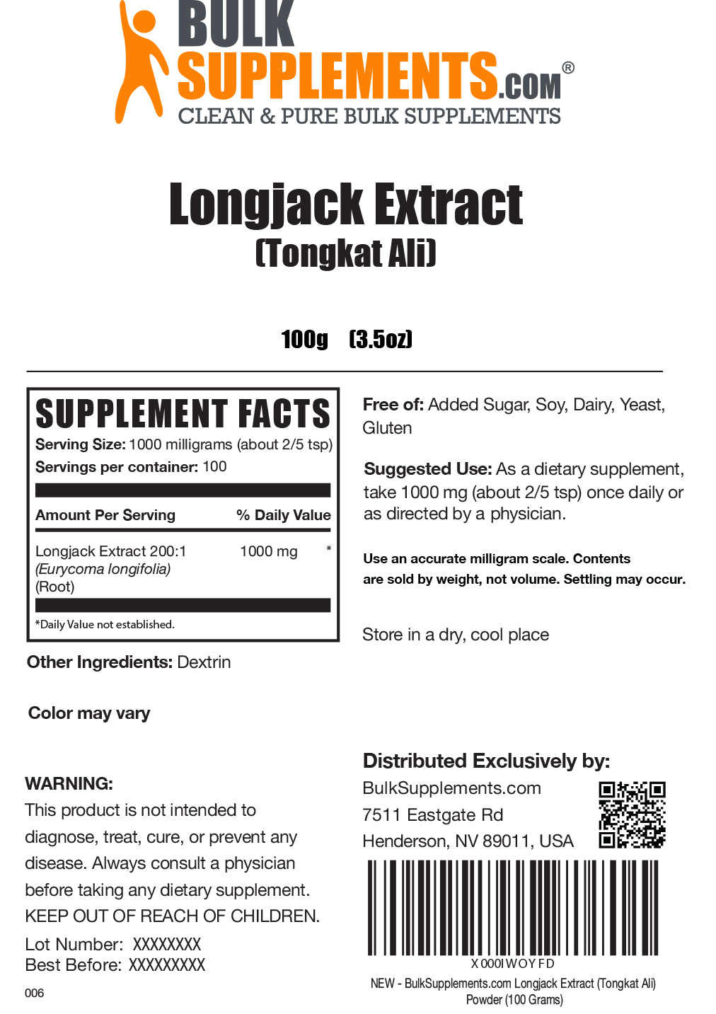 Longjack Extract Powder 100g Label