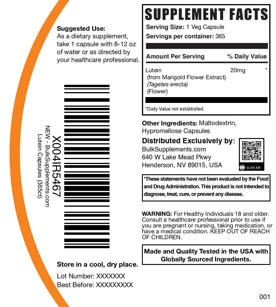 Lutein 20mg 365 capsules label