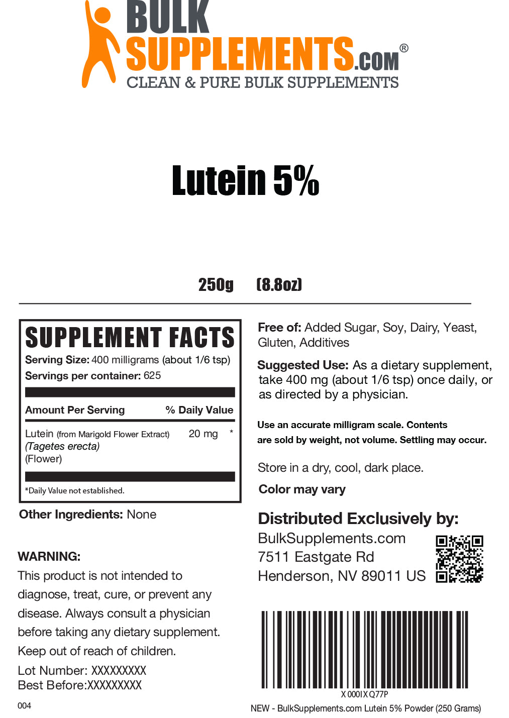 Lutein powder label 250g