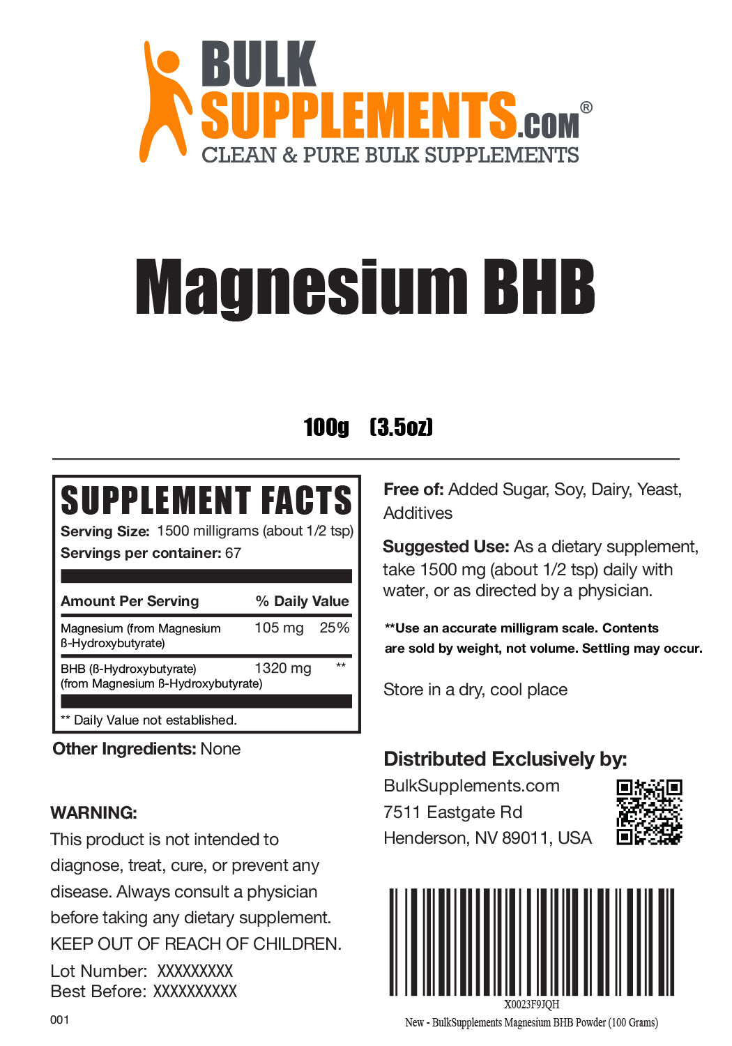 Supplement Facts Magnesium BHB 100 grams