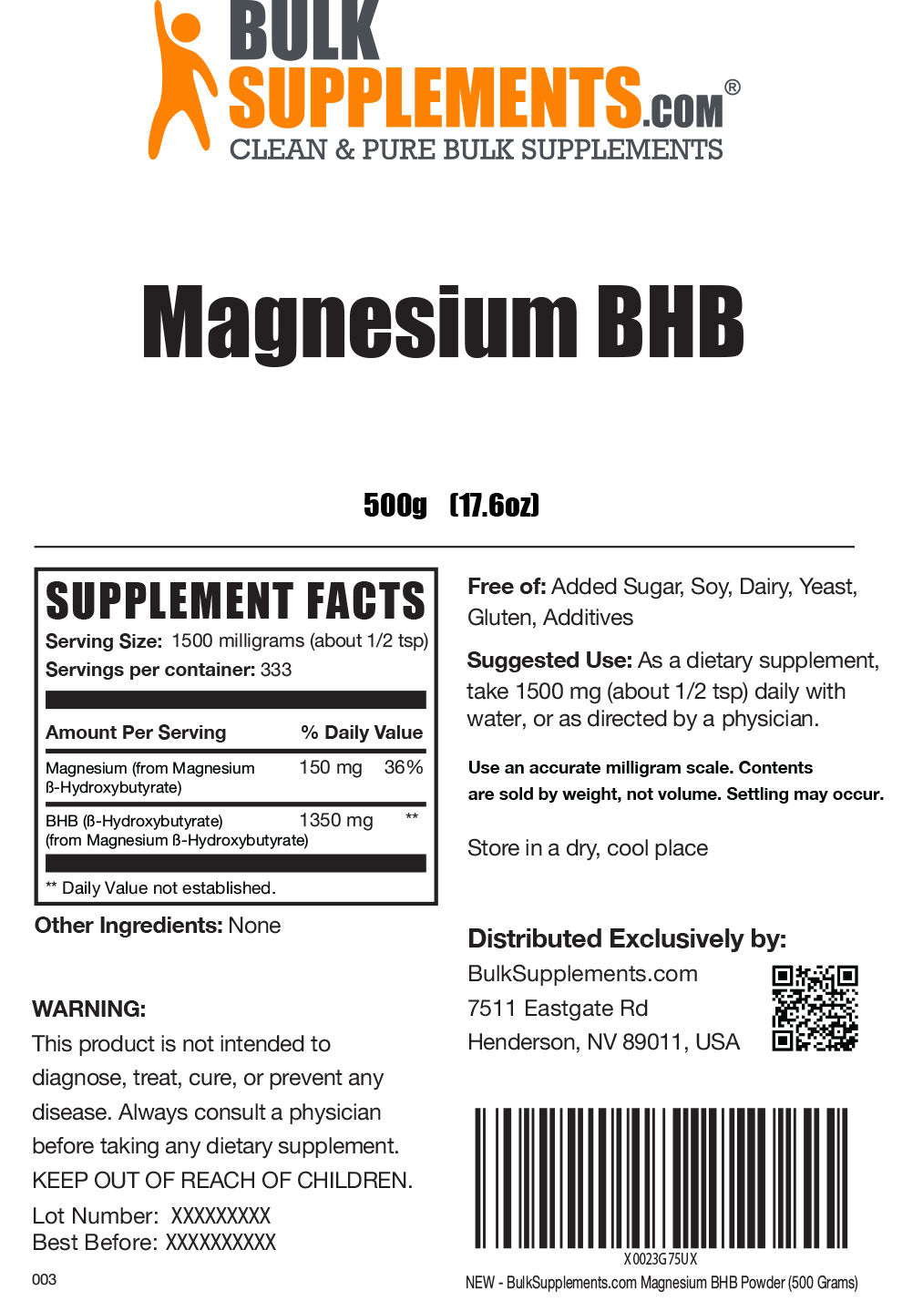 Supplement Facts Magnesium BHB 500 grams