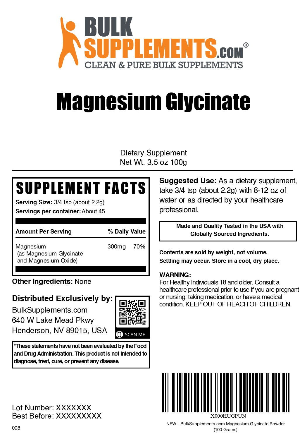 Magnesium Glycinate 100g label