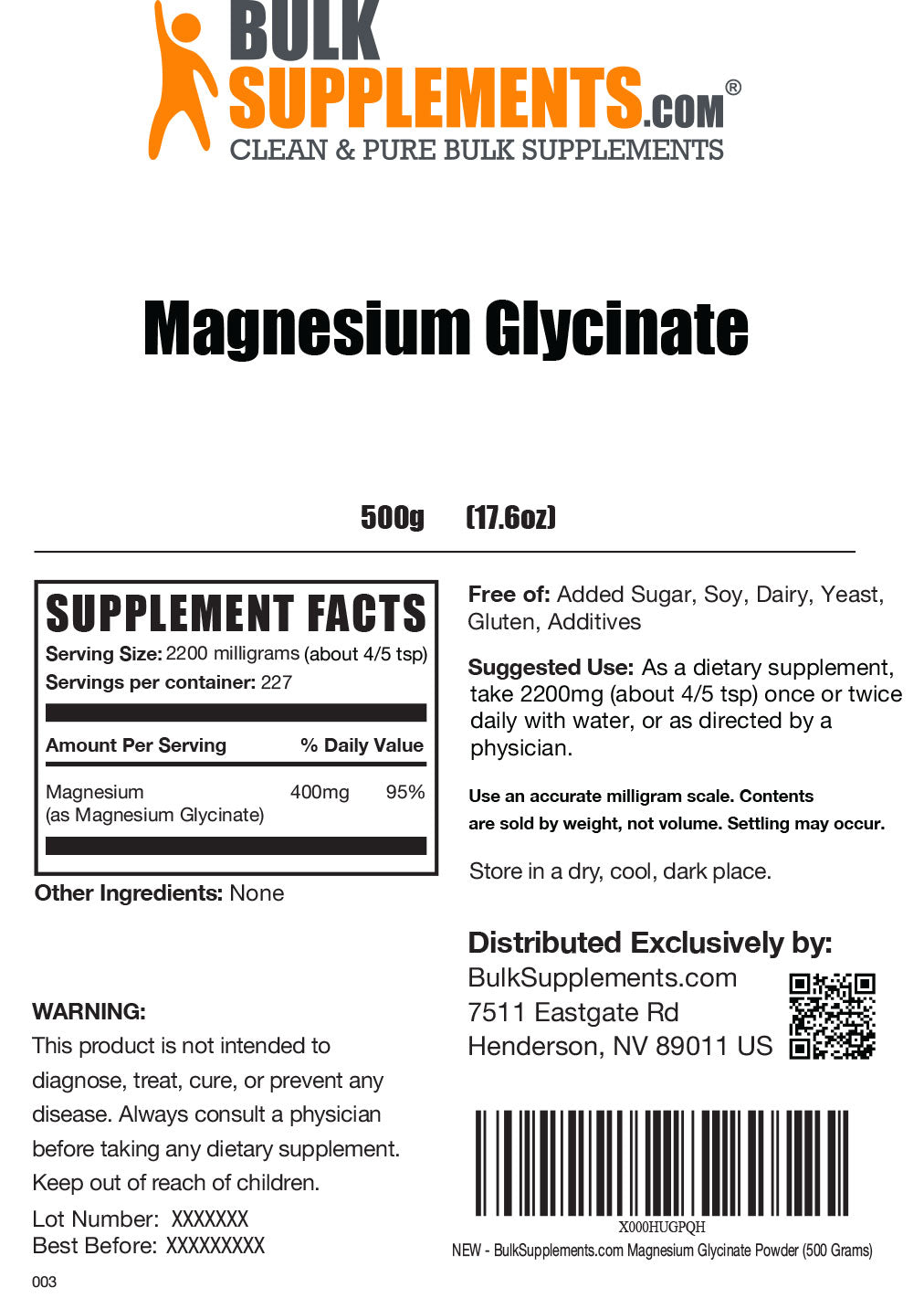 Magnesium Glycinate 500g label