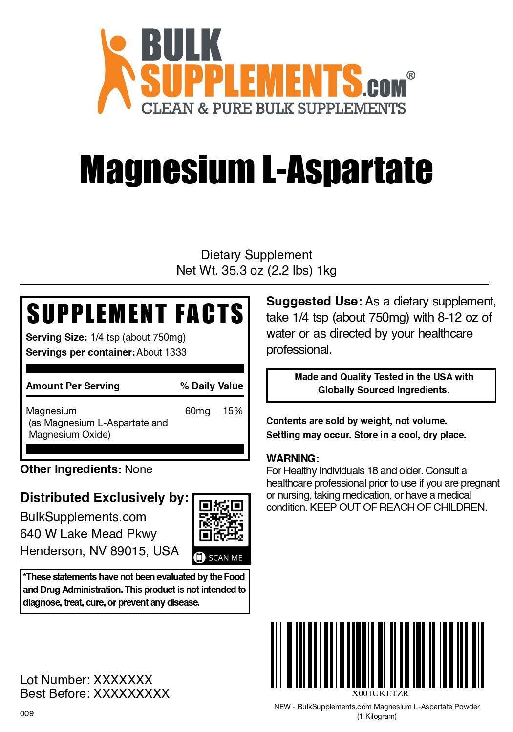 Magnesium L-Aspartate Powder 1kg label