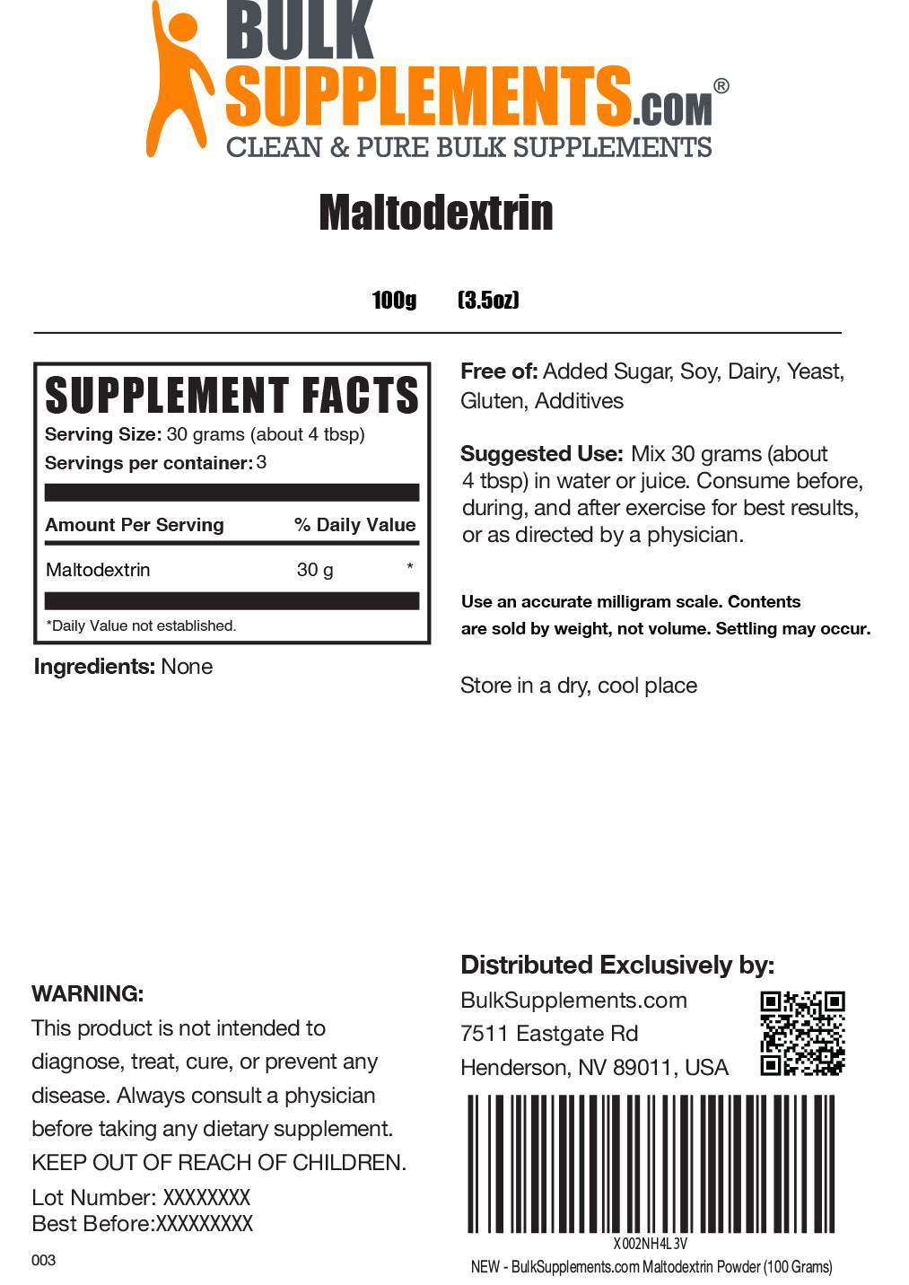 Supplement Facts Maltodextrin