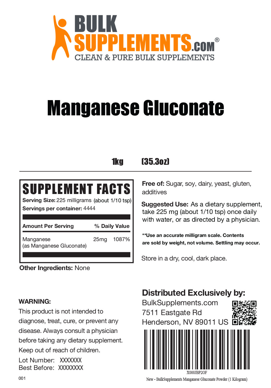 Supplement Facts Manganese Gluconate
