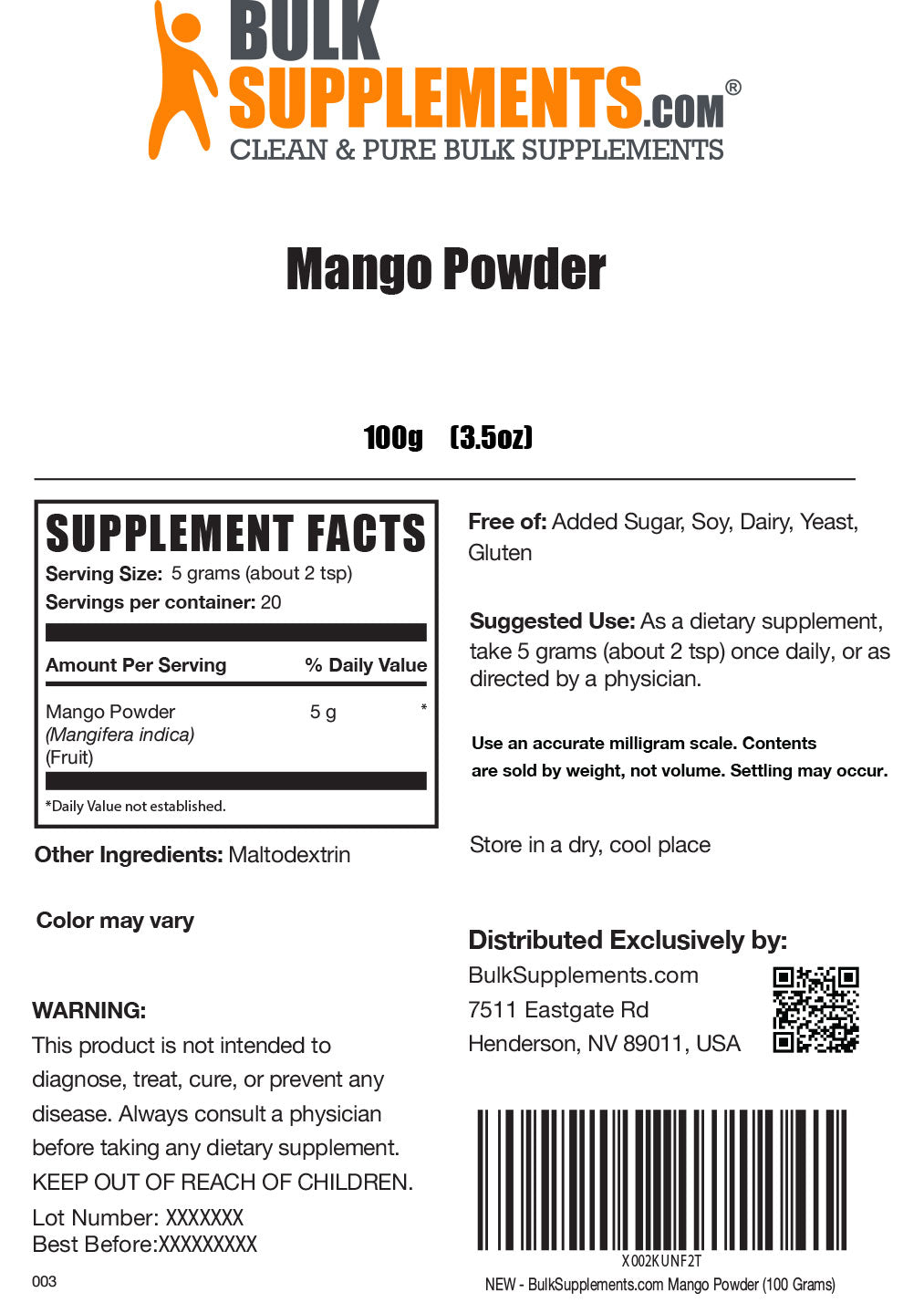 Mango Powder Supplement Facts