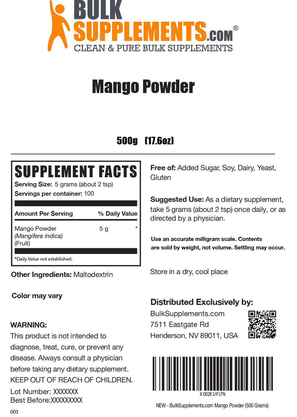 Mango Powder Supplement Facts