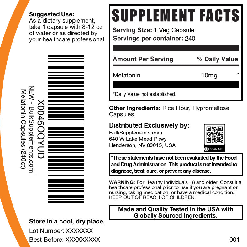 Melatonin 240 capsules 10mg label