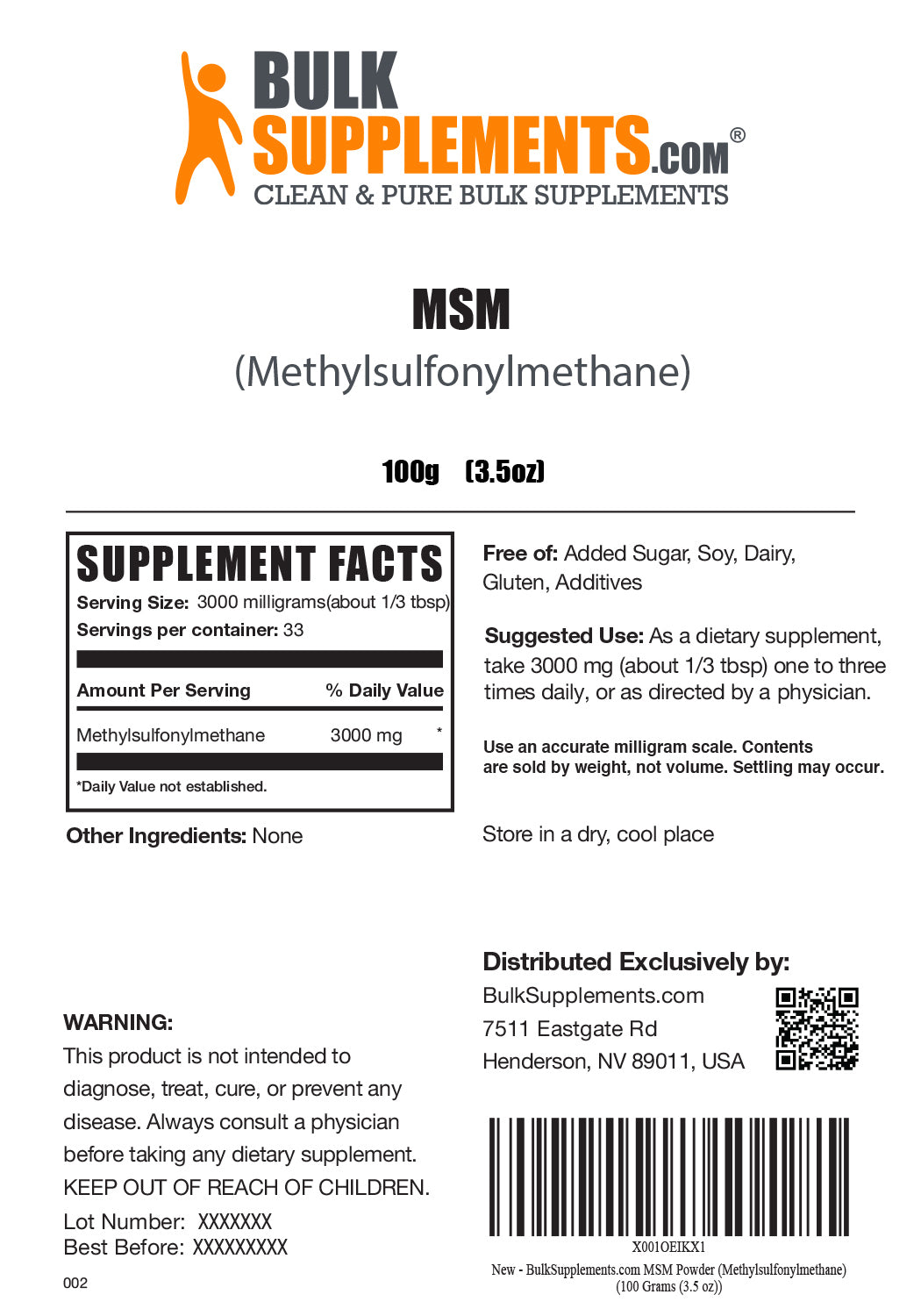 Supplement Facts MSM Methylsulfonylmethane