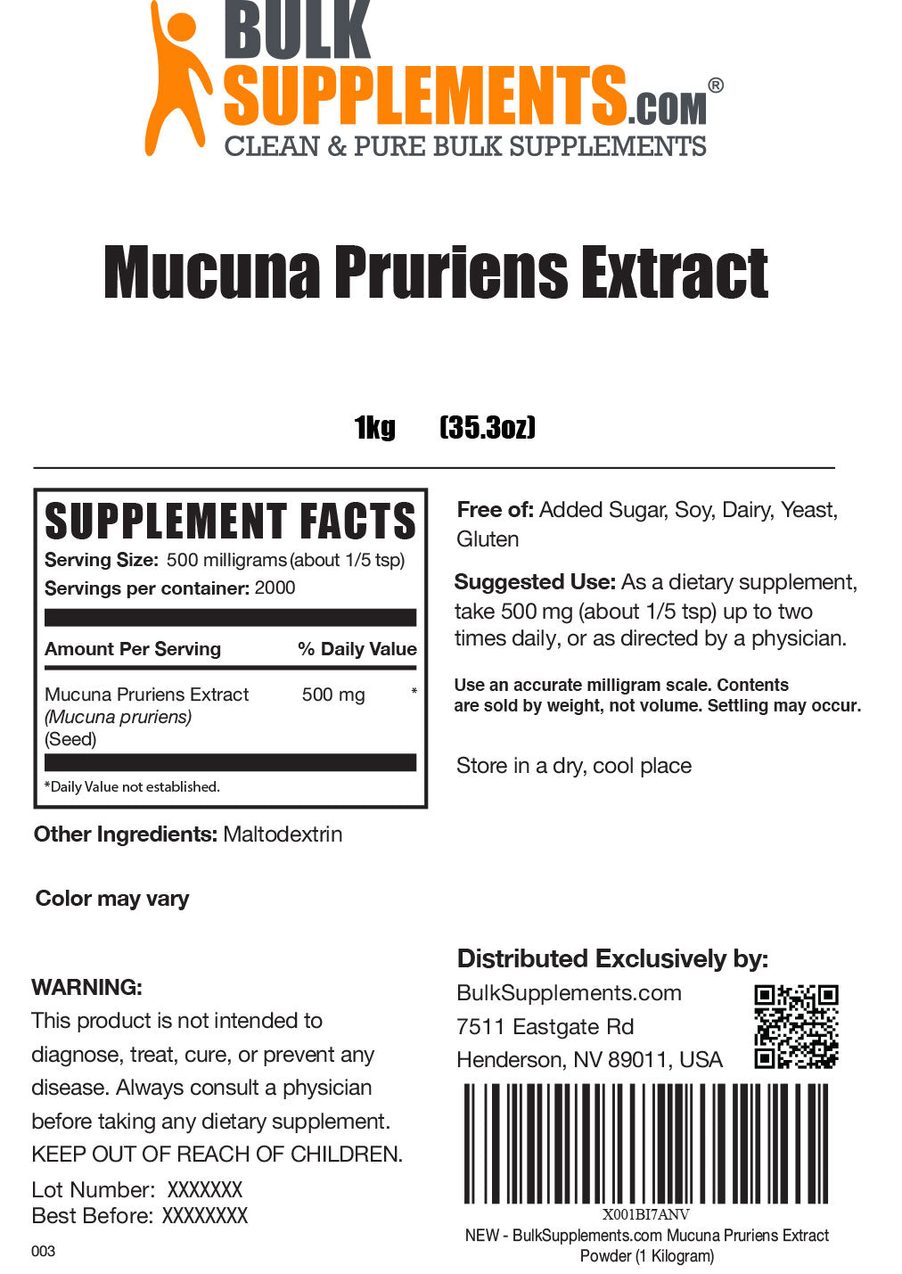 Supplement Facts for Mucuna Pruriens Extract