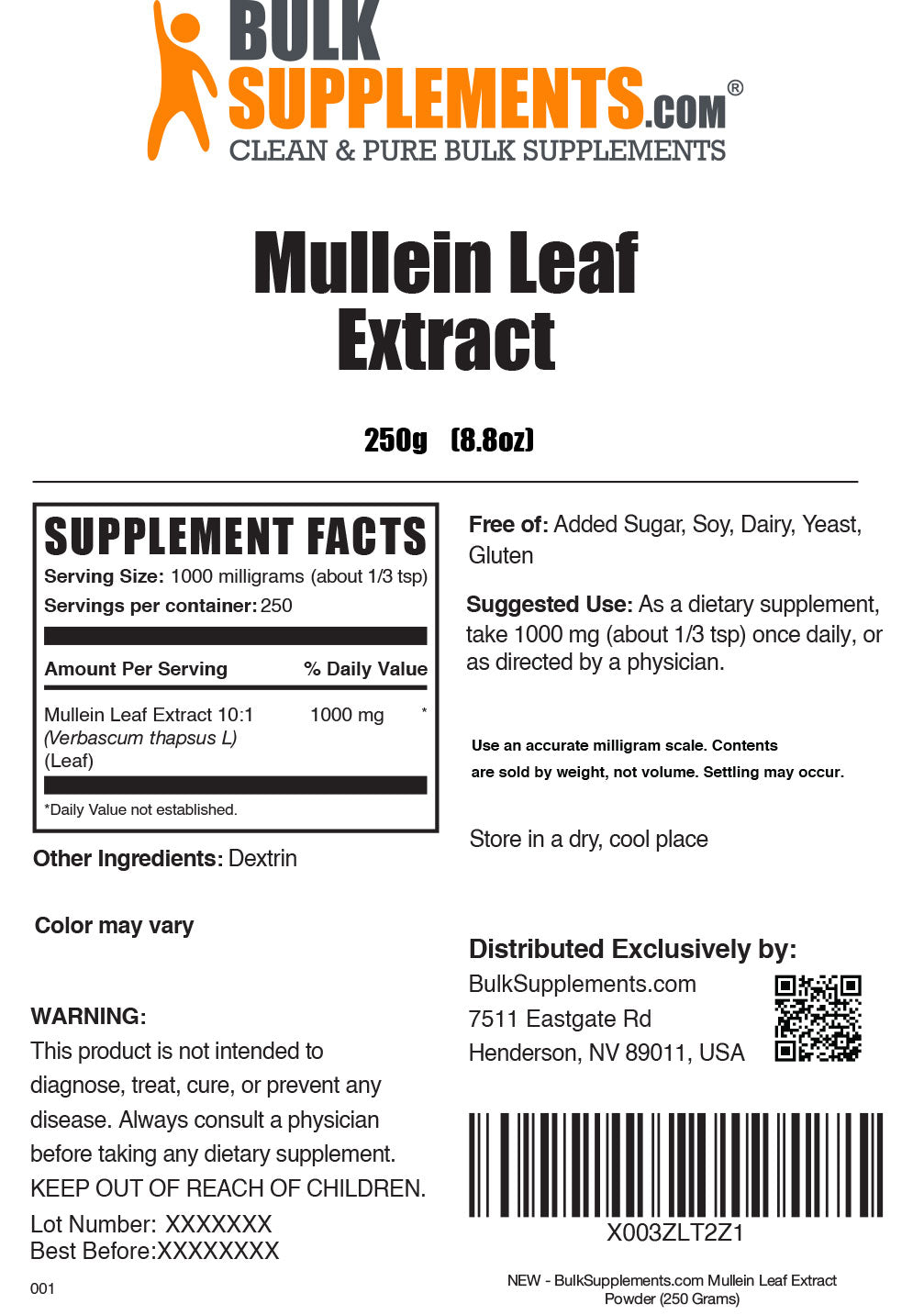 Mullein leaf extract powder label 250g