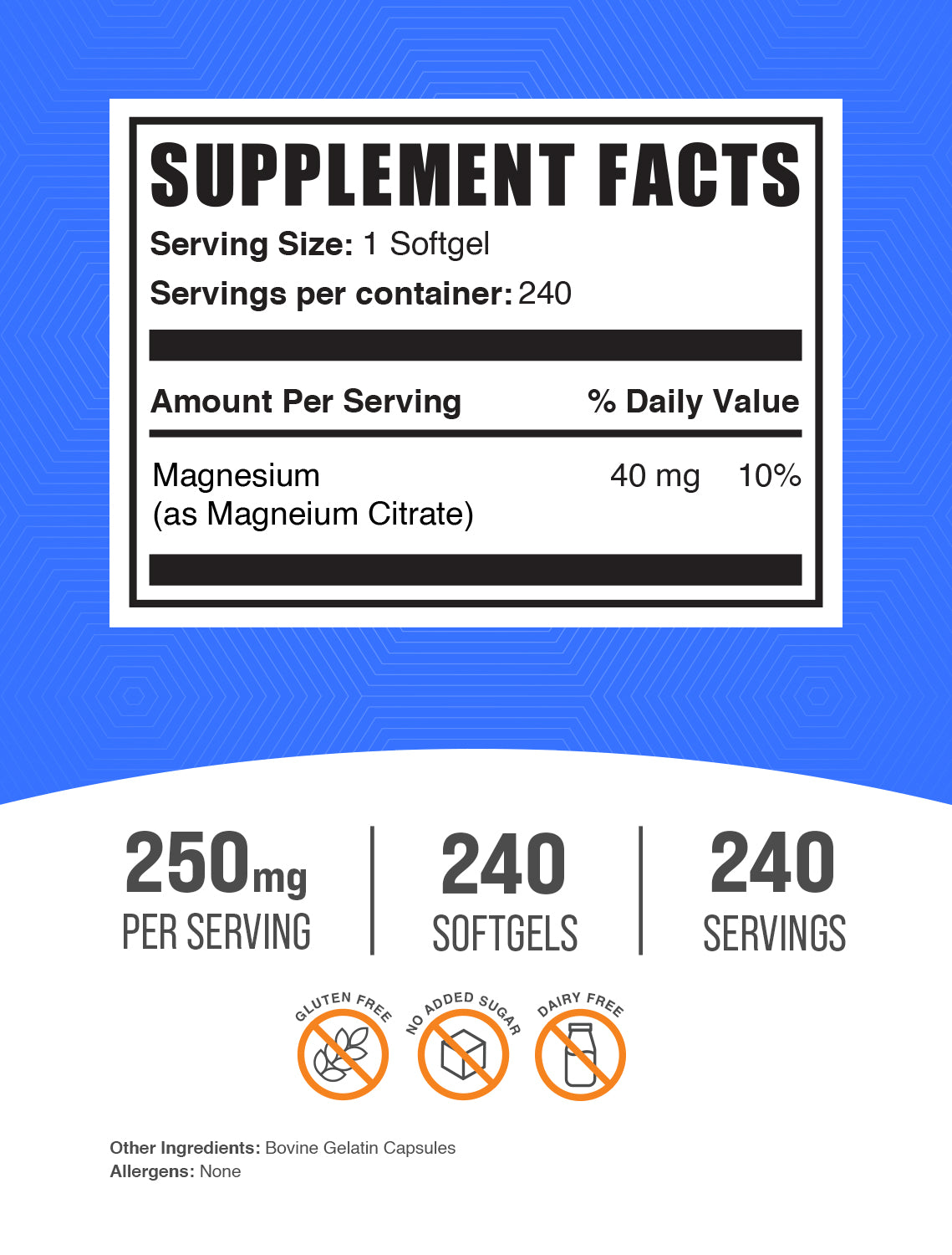 Supplement Facts magnesium citrate softgels 240 ct