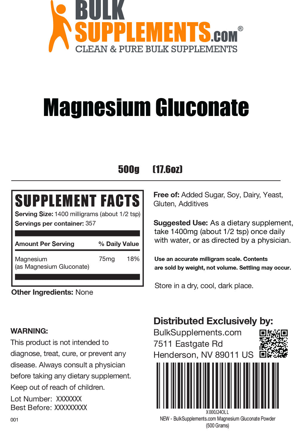 Supplement Facts Magnesium Gluconate powder