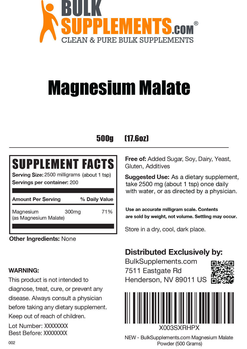 magnesium malate powder label 500g