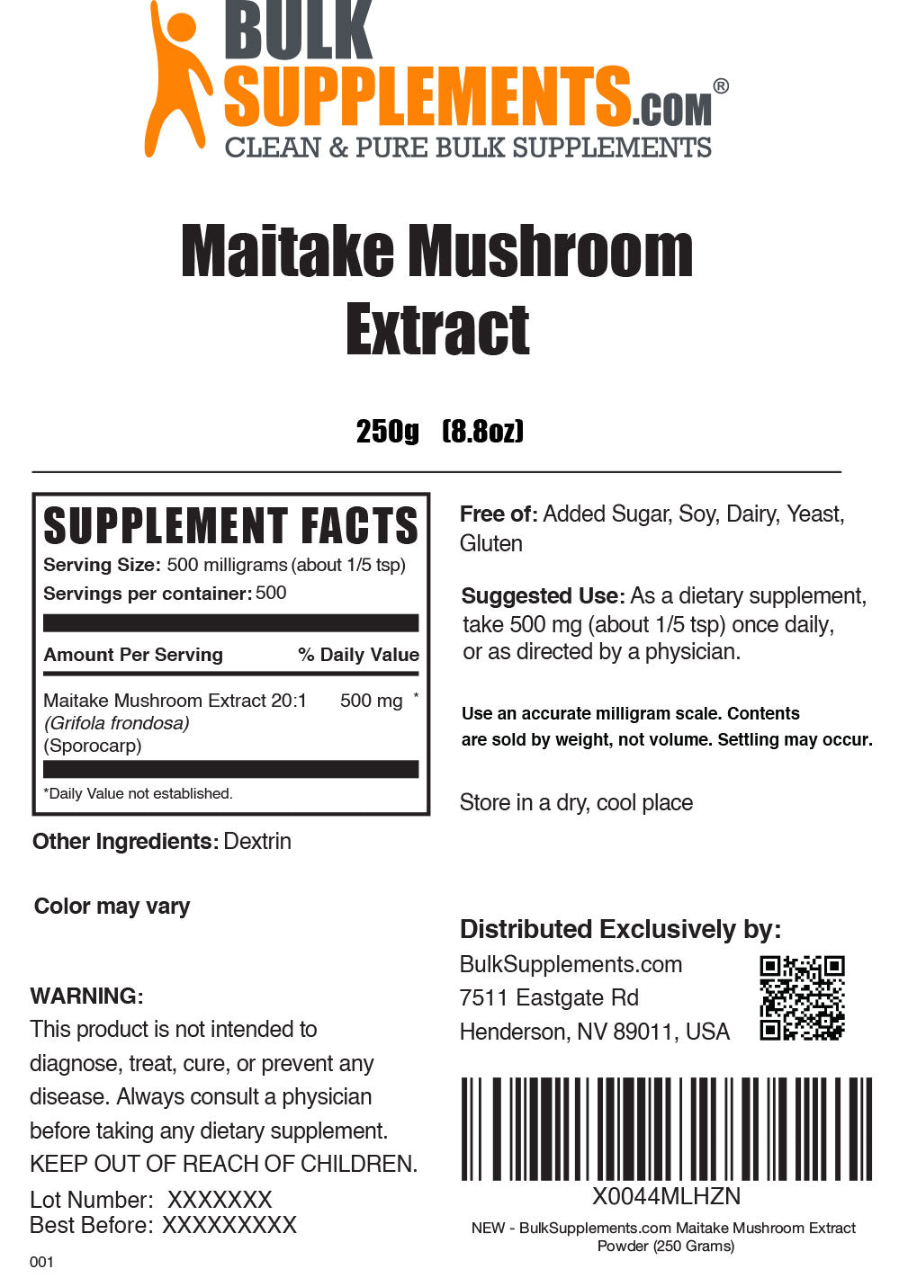 Maitake Mushroom Extract Powder Label 250g