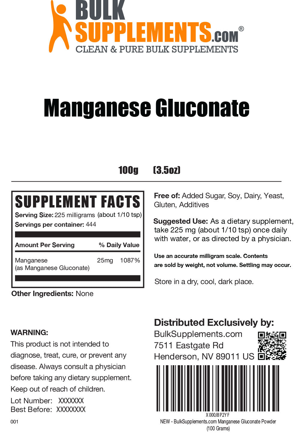 Manganese Gluconate Powder 100g Label
