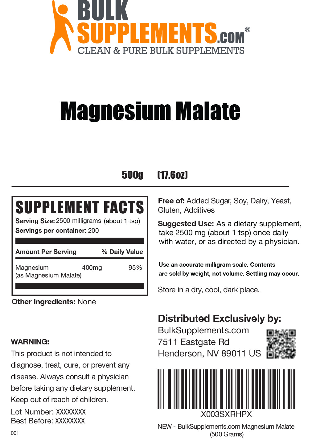 Magnesium Malate powder label 500g