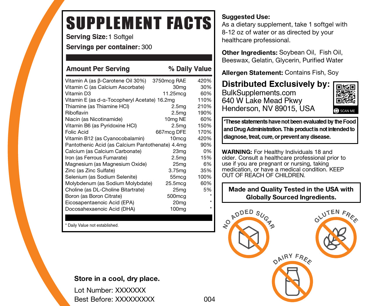 Multivitamins for men 300 softgels label