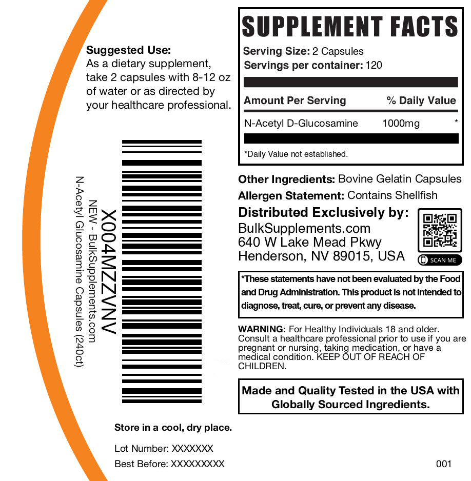 N-Acetyl D-Glucosamine (NAG) 240 capsules label