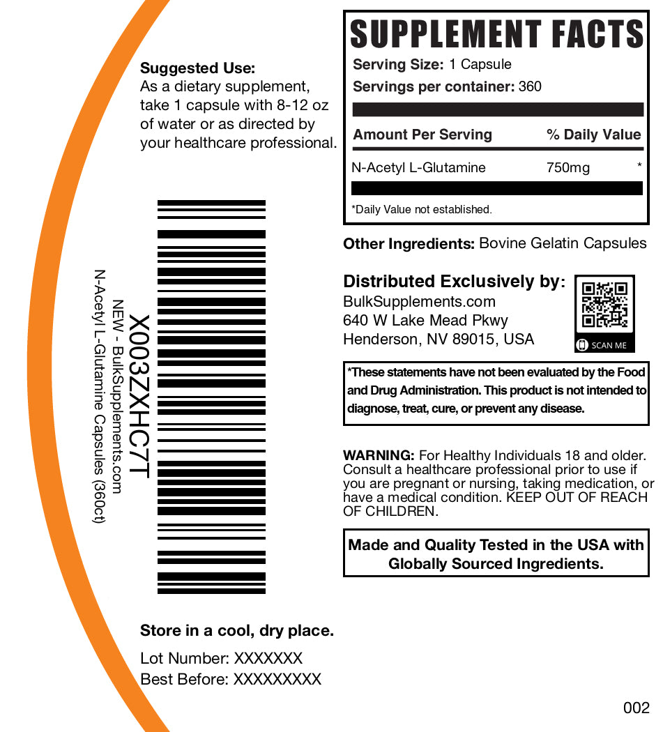 N-Acetyl L-Glutamine 360 capsules label