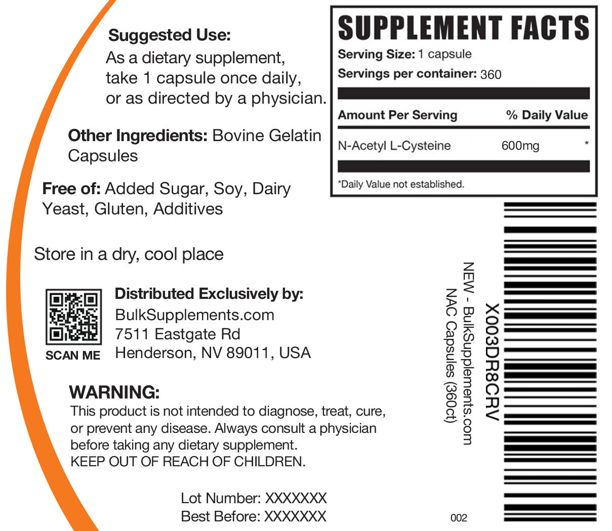 Supplement Facts NAC Capsules 600mg
