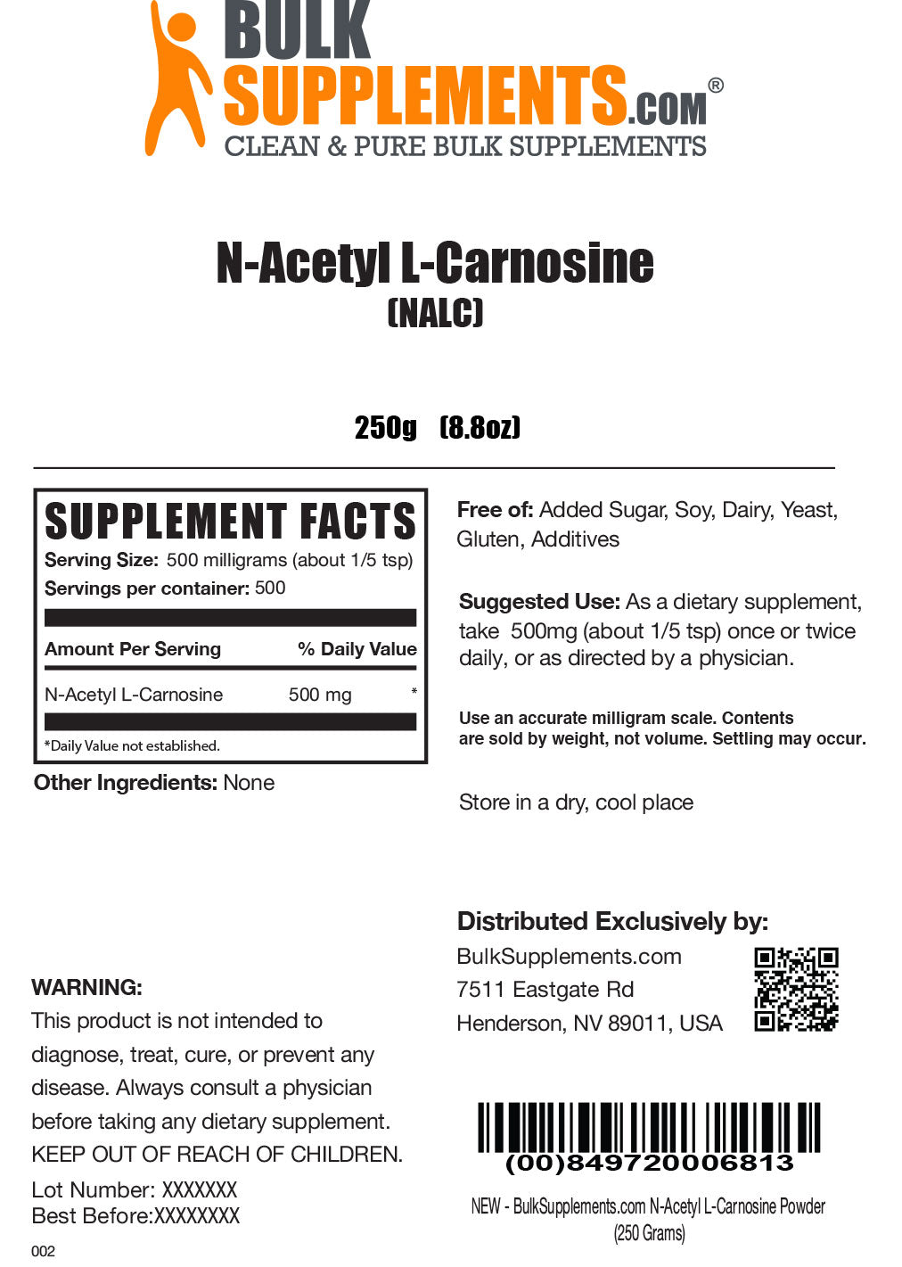 Supplement Facts N-Acetyl L-Carnosine NALC