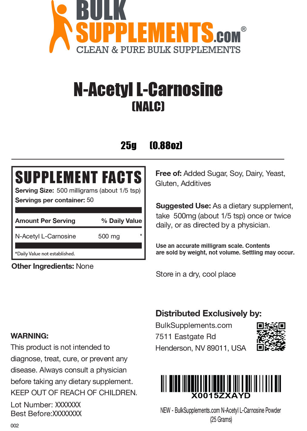 N-Acetyl L-Carnosine (NALC) powder label 25g