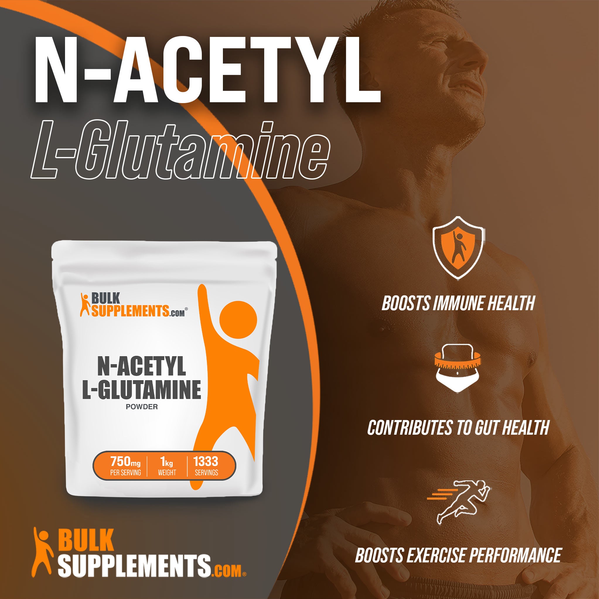 Benefits of N-Acetyl L-Glutamine: boosts immune health, contributes to gut health, boosts exercise performance