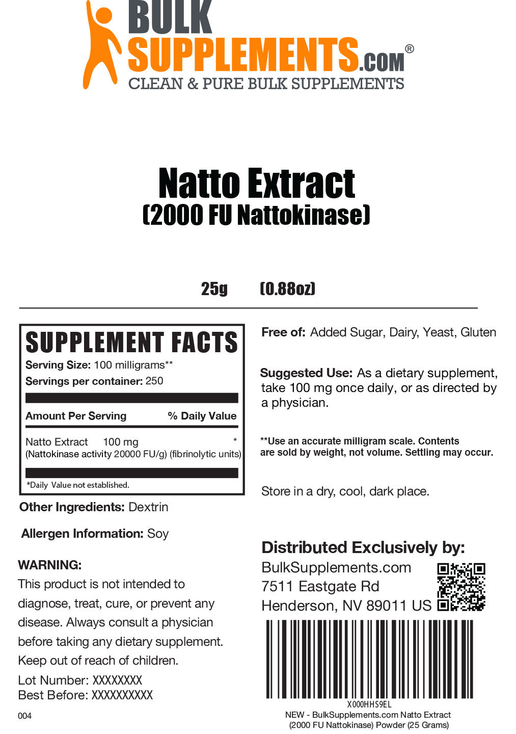 Nattokinase 2000 FU powder label 25g