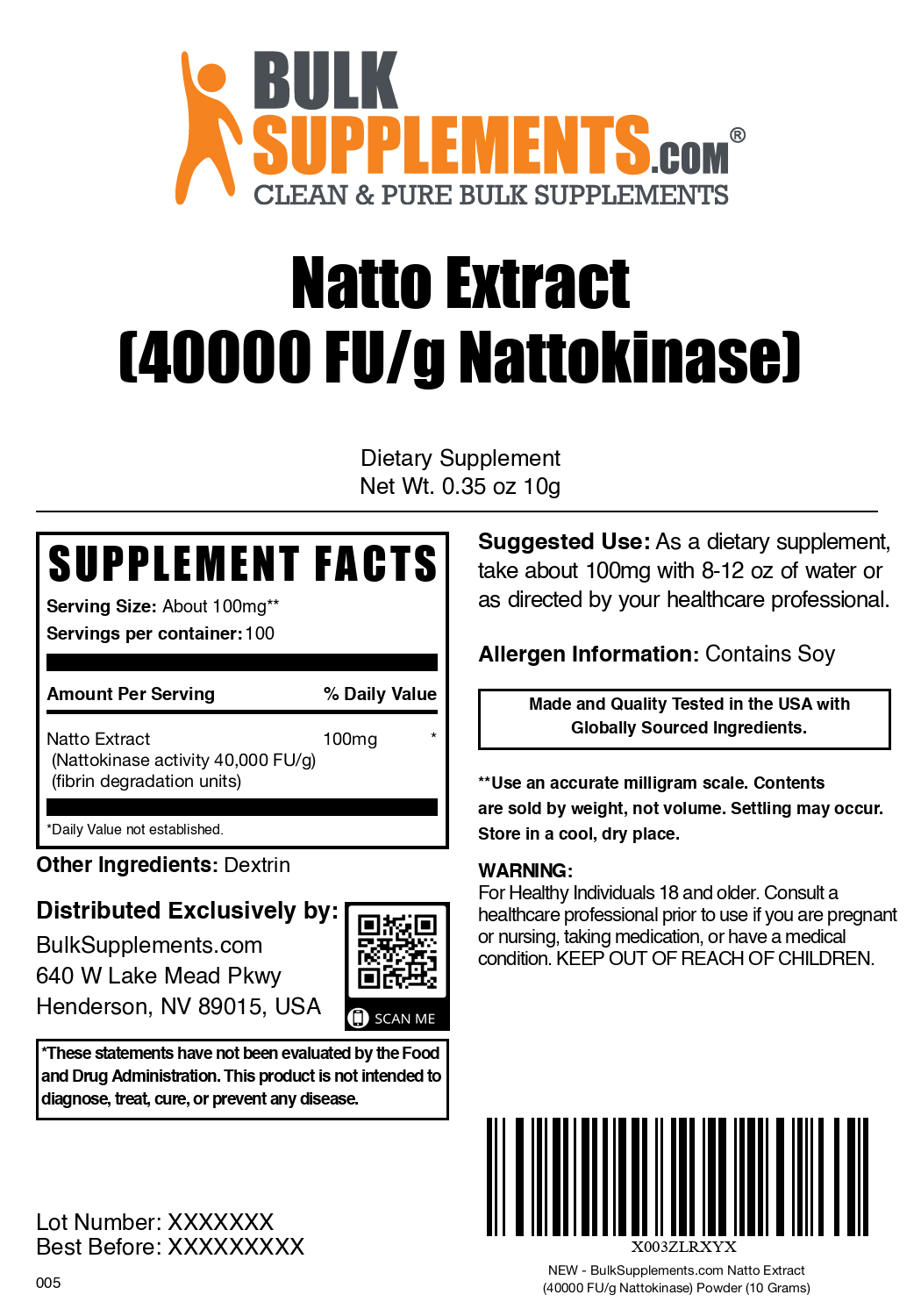 Natto Extract 4000 FU Nattokinase Powder 10g Bag Label