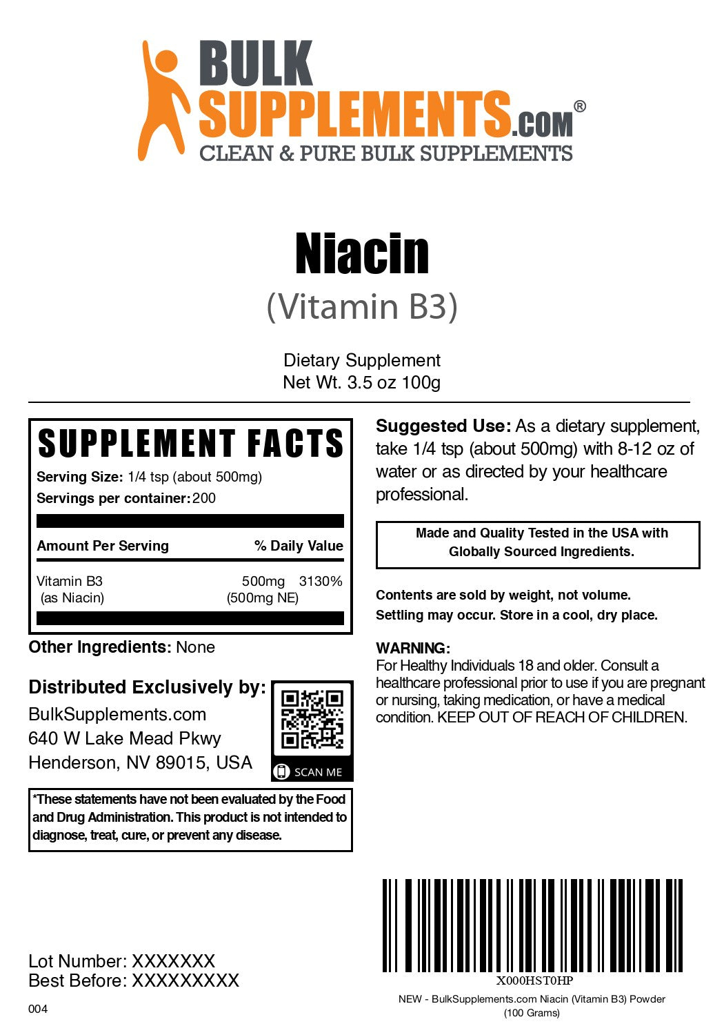 Niacin (Vitamin B3) 100g label