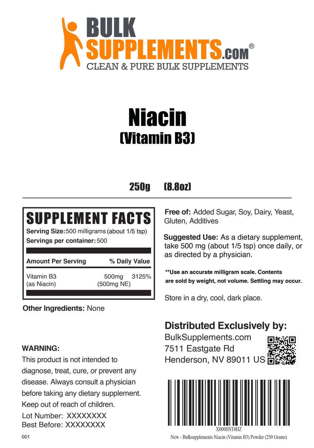 Niacin 250g label