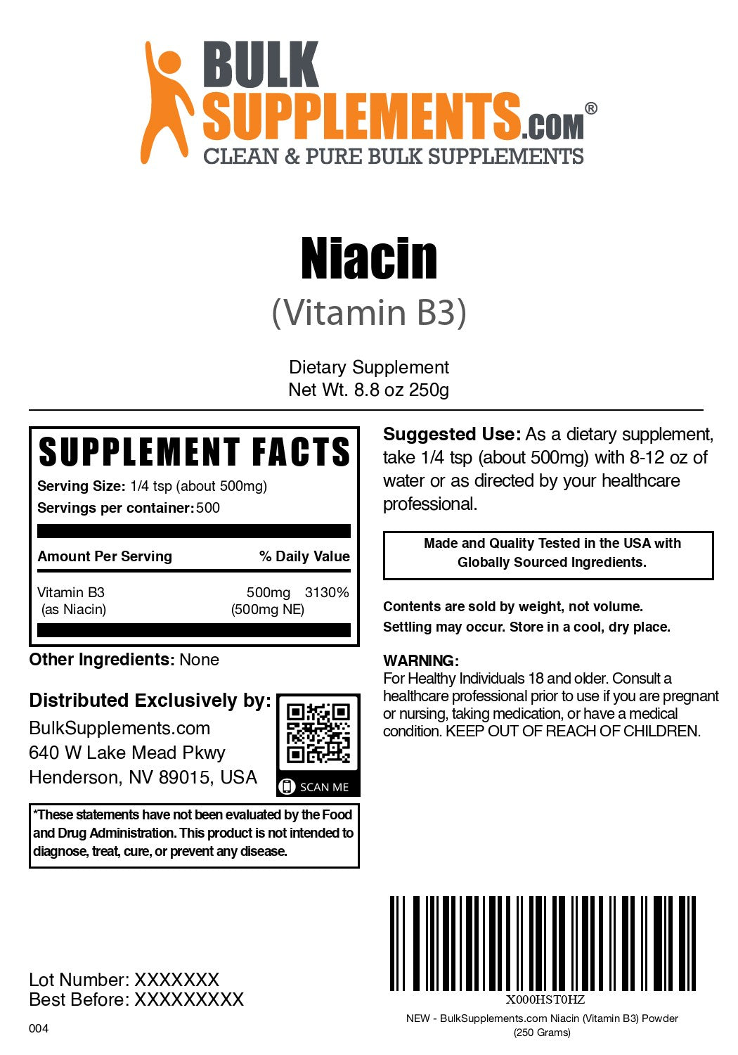 Niacin (Vitamin B3) 250g label