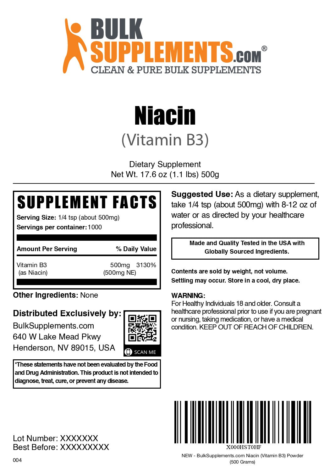 Niacin (Vitamin B3) 500g label
