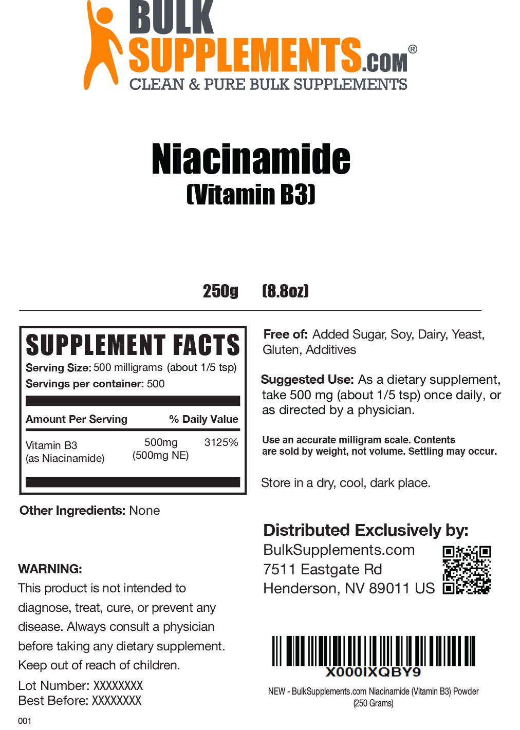 Niacinamide powder label 250g