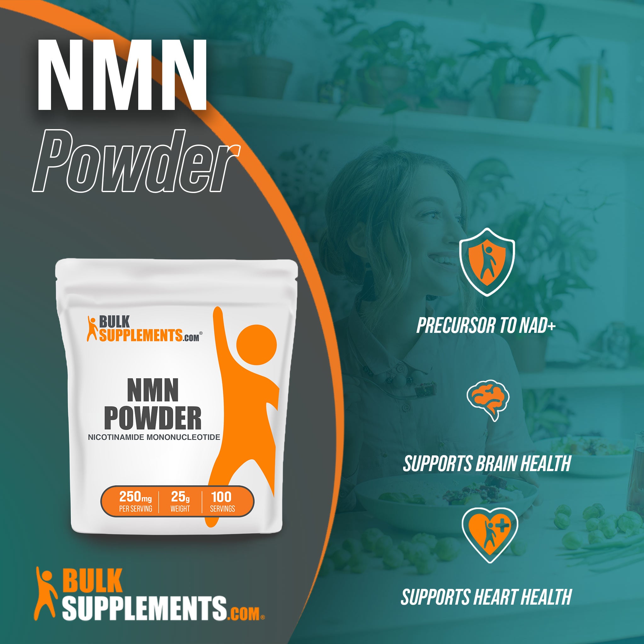 Benefits of NMN: precursor to NAD+, supports brain health, supports heart health
