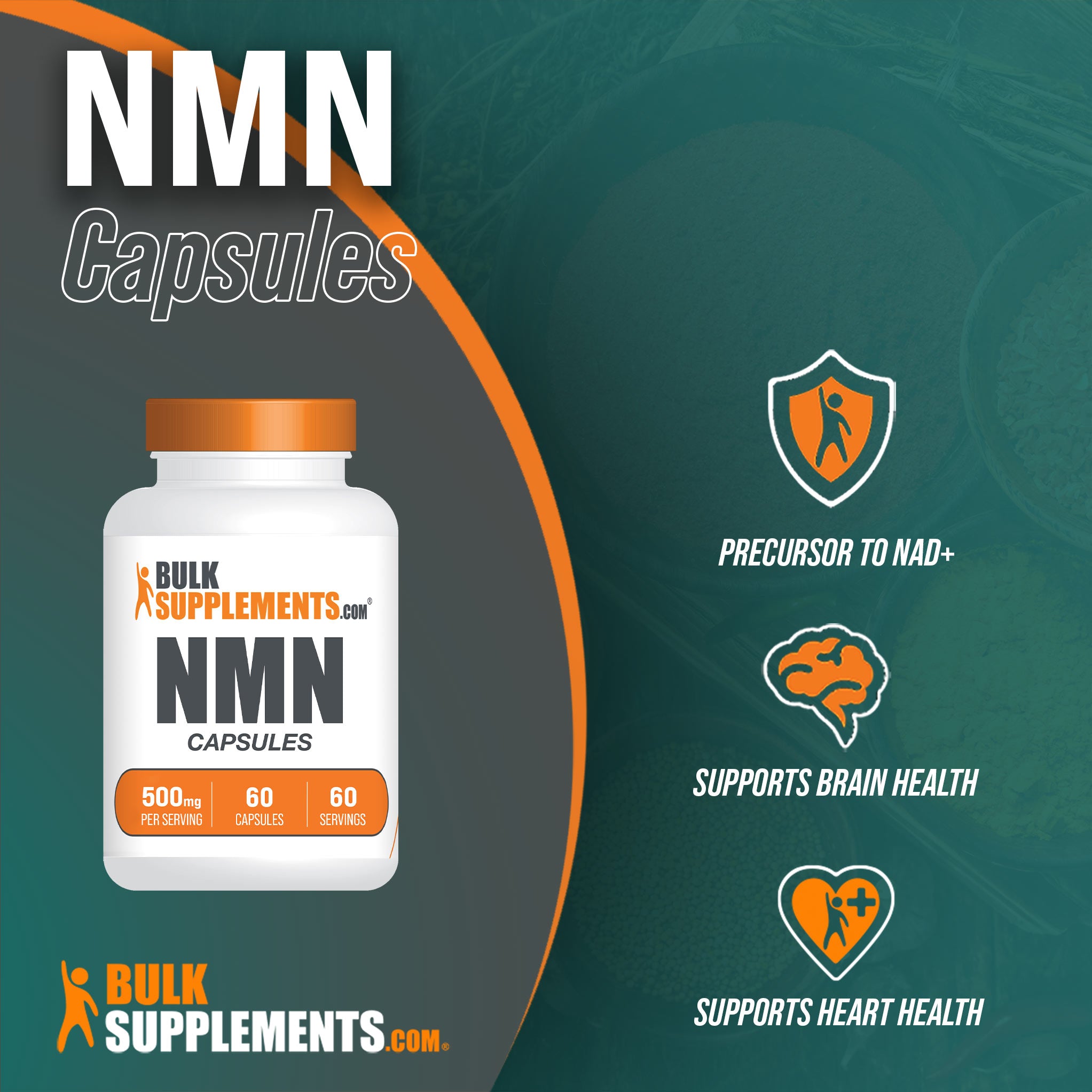 Benefits of NMN: precursor to NAD+, supports brain health, supports heart health