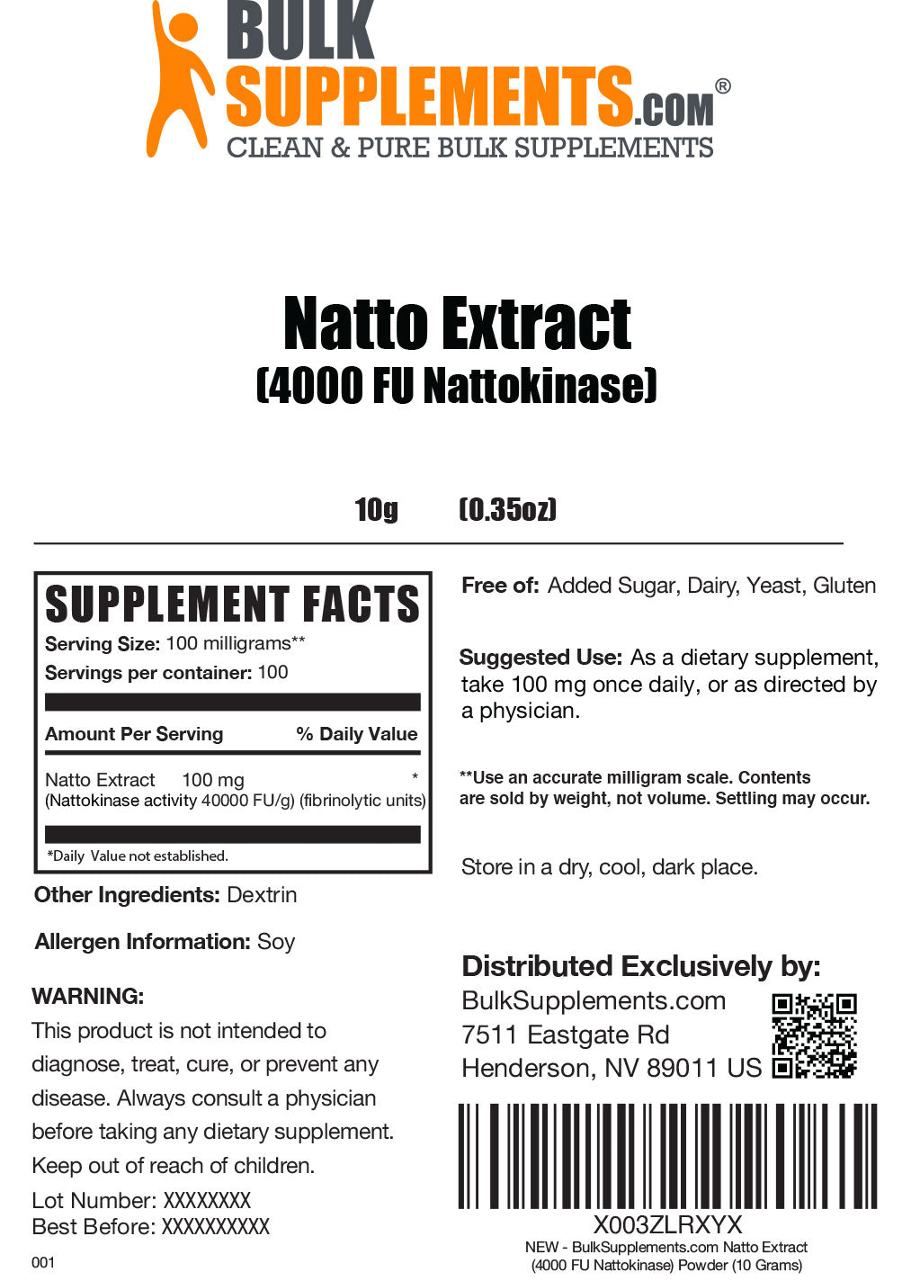 Nattokinase Extract 4000 FU powder label 10g