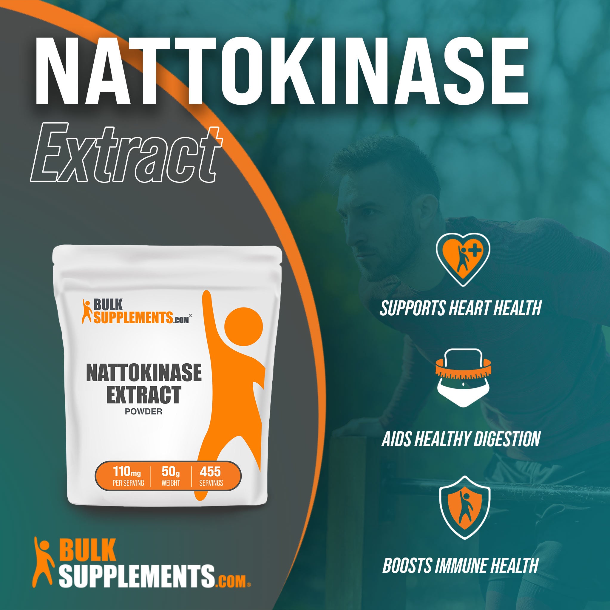 Benefits of Nattokinase Extract: supports heart health, aids healthy digestion, boosts immune health