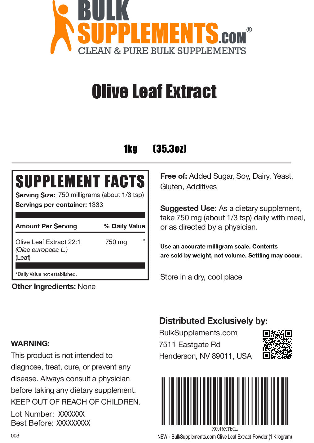 Supplement Facts Olive Leaf Extract