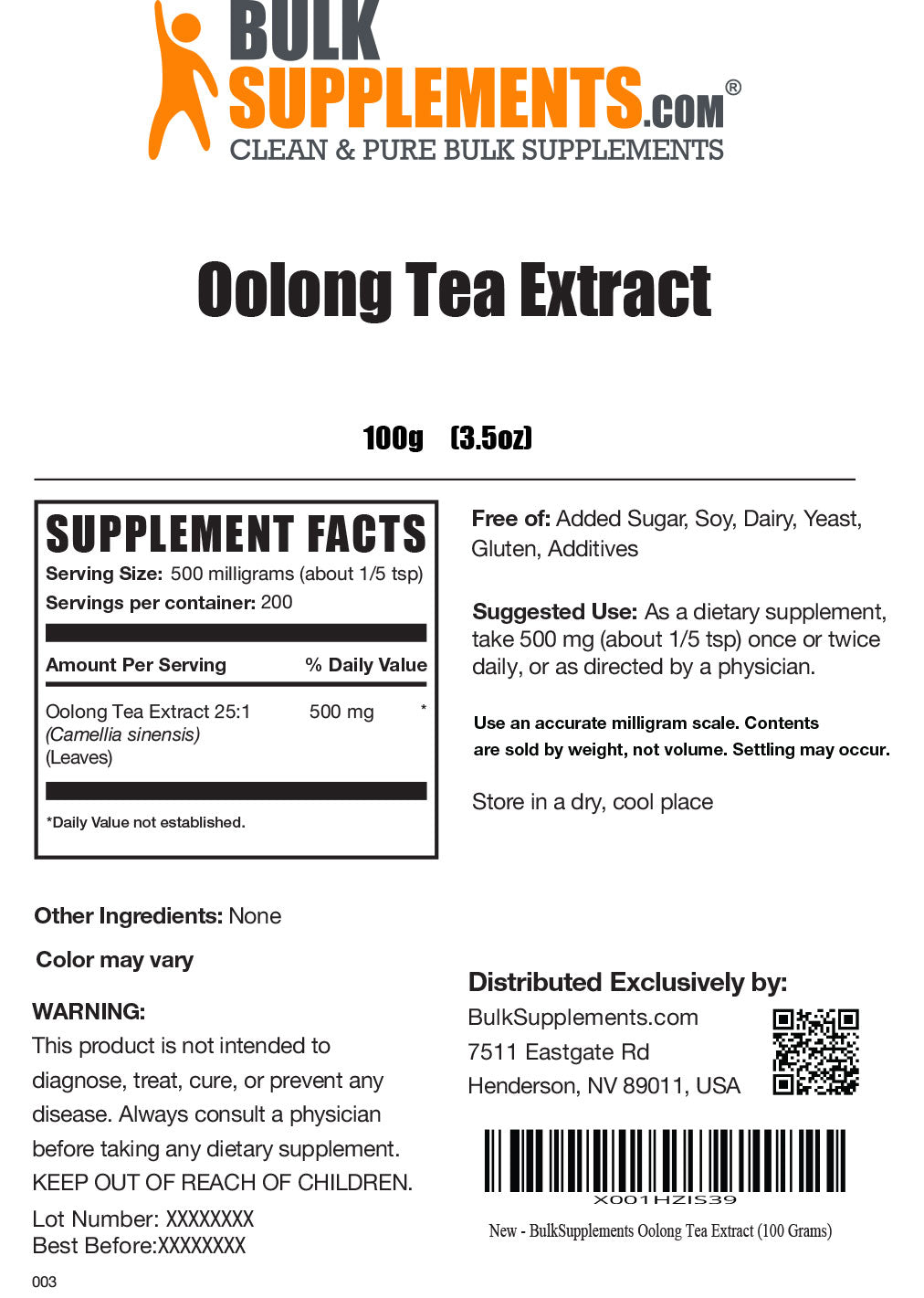 Supplement Facts Oolong Tea Extract