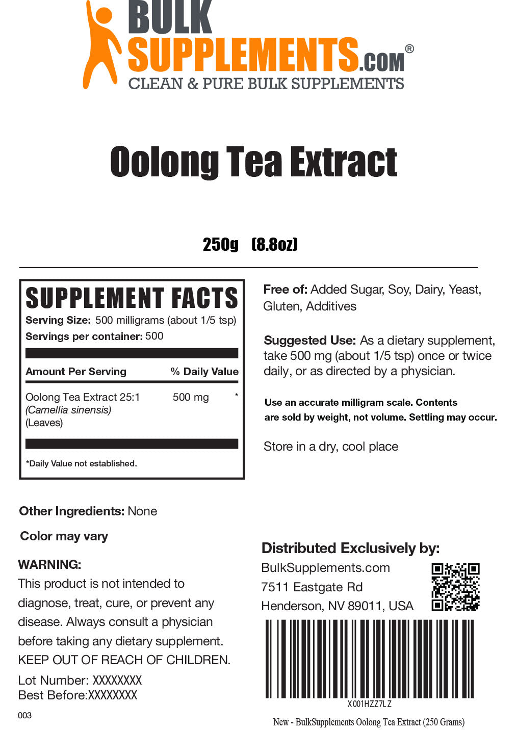 BulkSupplements Oolong Tea Extract Powder 250g Supplement Facts